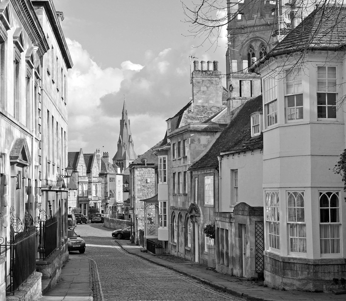 Historic limestone buildings on Barn Hill